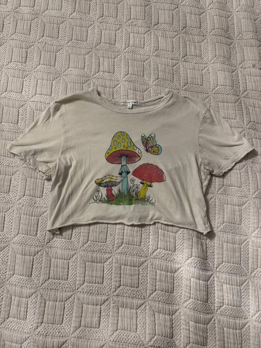 Cream Graphic Mushroom Crop Top with Butterfly